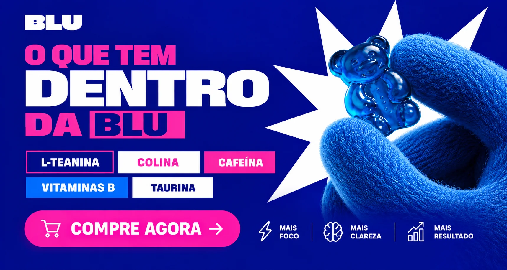 Material publicitário BLU Gummies: ingredientes anunciados pela marca e chamada de compra